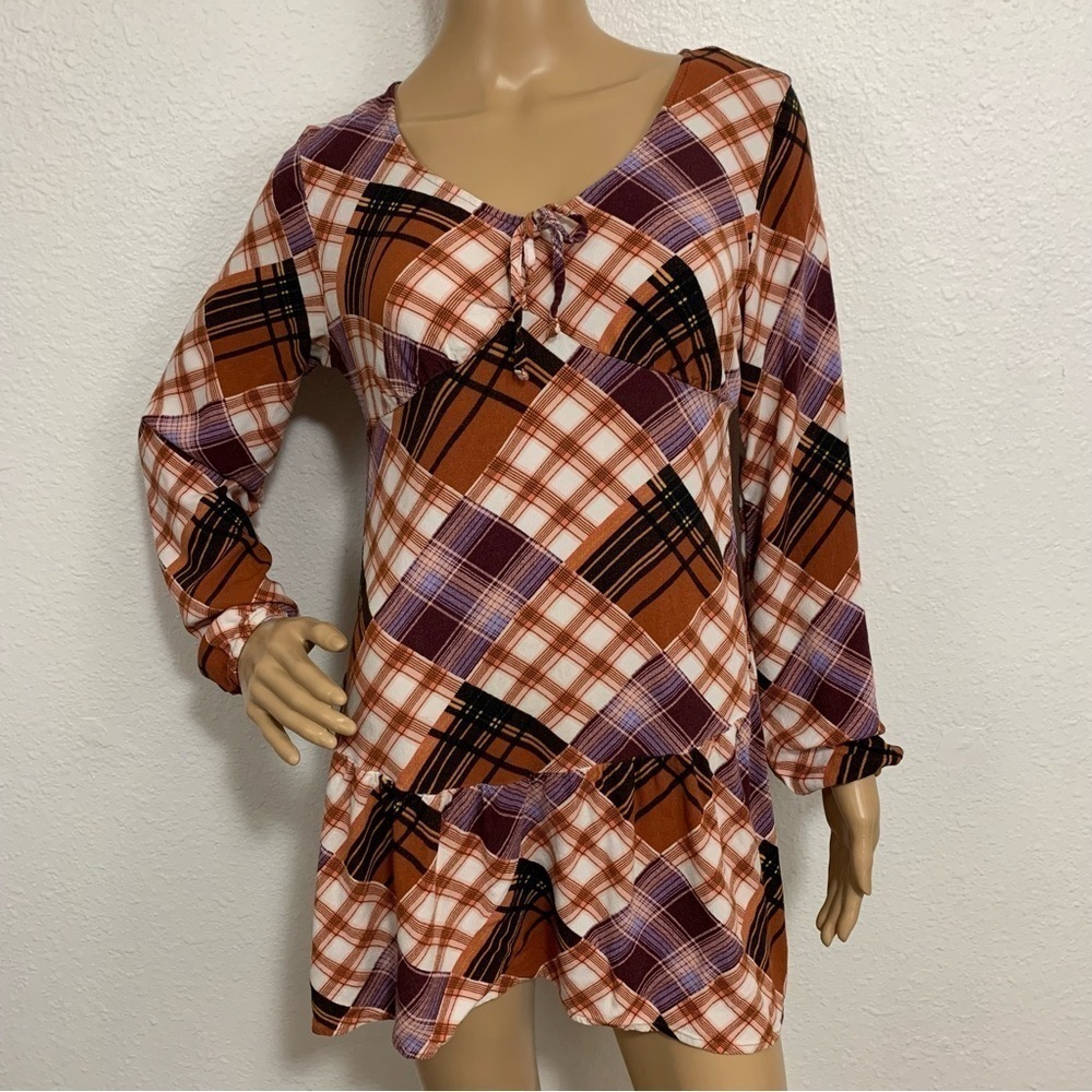 SO High Low Rayon Patchwork Plaid Tunic Top Size M
